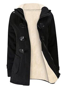 Women Sherpa Fleece Hooded Jacket Winter Warm Zip Up Toggle Coat With Pockets
